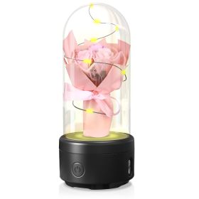 Creative 2 In 1 Bouquet LED Light And Bluetooth Speaker Mother's Day Gift Rose Luminous Night Light Ornament In Glass Cover (Option: Pink-Black Base)