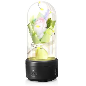 Creative 2 In 1 Bouquet LED Light And Bluetooth Speaker Mother's Day Gift Rose Luminous Night Light Ornament In Glass Cover (Option: Green-Black Base)