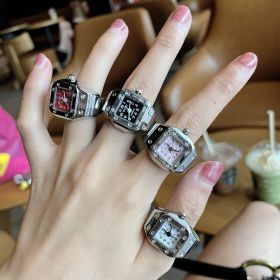 Mini Finger Ring Watch Square Quartz Easy Reader Watch Alloy Case Watch 4 Colors Valentine's Day Gift For Her (Color: Pink)