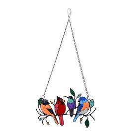 Metal Stained Bird Panel Glass Window Hanging Wall Decor Parrot Birds Art Pendant Wind Chimes Bird Ornaments Home Ornaments (Color: Four Birds)