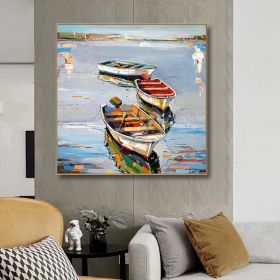 Hand Painted Oil Painting Canoe oil Paintings Nordic Seascape-Hand-Painted- Colorful Boats Oil Painting-Wall Art Handmade- For Home Decoration (size: 70x70cm)