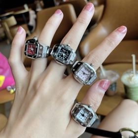 Mini Finger Ring Watch Square Quartz Easy Reader Watch Alloy Case Watch 4 Colors Valentine's Day Gift For Her (Color: Red)