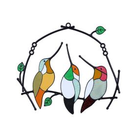 Metal Stained Bird Panel Glass Window Hanging Wall Decor Parrot Birds Art Pendant Wind Chimes Bird Ornaments Home Ornaments (Color: J Type Sanzhiniao)